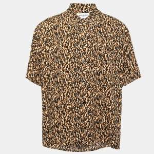 Saint Laurent Brown Abstract Leopard Print Crepe Short Sleeve Shirt XXXL