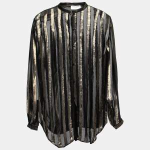 Saint Laurent Black Lurex Striped Silk Button Front Sheer Shirt XL