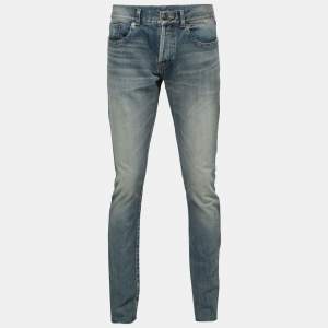 Saint Laurent Paris Blue Distressed Denim Bandana Patch Detail Jeans XL Waist 33"