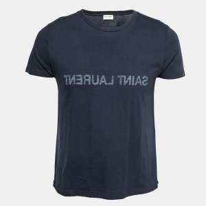 Saint Laurent Cotton Navy Blue Logo Printed Short Sleeve T-Shirt S