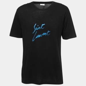 Saint Laurent Paris Black Signature Print Cotton Crew Neck T-Shirt S