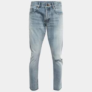 Saint Laurent Paris Blue Washed Distressed Denim Skinny Jeans L Waist 33"