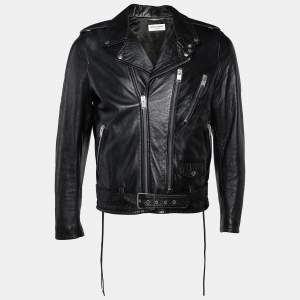 Saint Laurent Black Leather Embellished Biker Jacket M