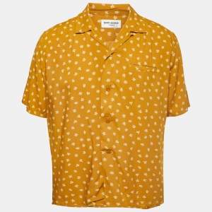 Saint Laurent Paris Mustard Yellow Floral All-Over Motif Crepe Button Front Half Sleeve Shirt M