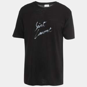 Saint Laurent Black Signature Logo Print Cotton Crew Neck T-Shirt M