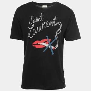 Saint Laurent Black Smoking Kills Print Cotton Crew Neck T-Shirt S