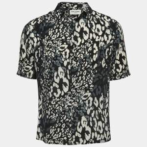 Saint Laurent Paris Black Leopard Printed Silk Short Sleeve Shirt S