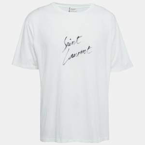 Saint Laurent Off-White Logo Print Cotton Relaxed Fit T-Shirt L