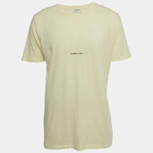 Saint Laurent Light Yellow Logo Print Cotton Relaxed Fit T-Shirt M