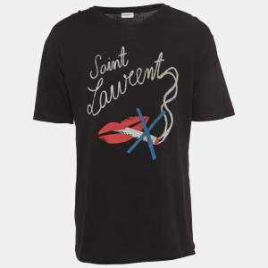 Saint Laurent Black Logo Print Cotton Half Sleeve T-Shirt M