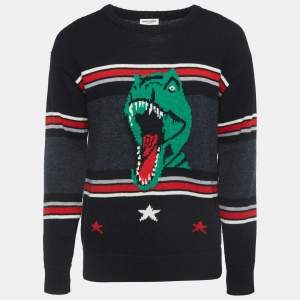 Saint Laurent Black Dinosaur Striped Wool Knit Sweater M