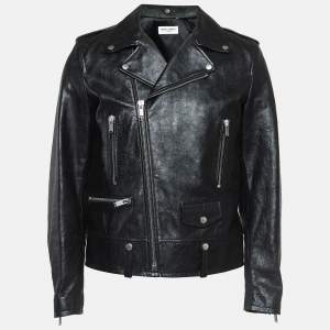 Saint Laurent Paris Black Leather Zipper Detail Biker Jacket XL