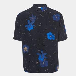 Saint Laurent Paris Noir Blue Confetti Hibiscus Silk Shirt M