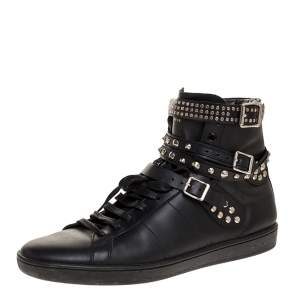 Saint Laurent Paris Black Leather Studded High Top Sneakers Size 44