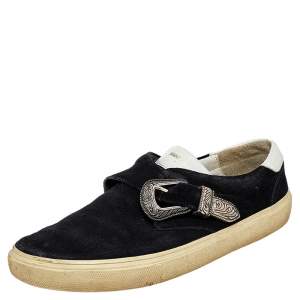 Saint Laurent Black/White Suede And Leather Buckle Slip On Sneakers Size 43