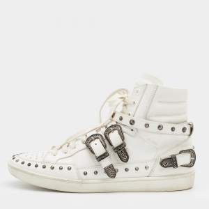 Saint Laurent White Leather Studded High Top Sneakers Size 44