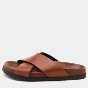 Saint Laurent Brown Leather Criss Cross Flat Slide Sandals Size 38.5