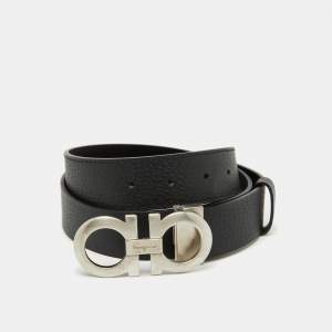 Pre Owned Salvatore Ferragamo Black Leather Cut to Size Gancini Buckle Belt