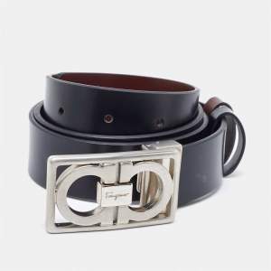 Pre Owned Salvatore Ferragamo Black/Dark Brown Leather Gancini Cut to Size Reversible Belt