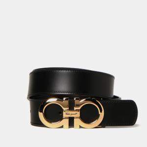 Pre Owned Salvatore Ferragamo Black Leather Gold Tone Buckle Gancini Belt 115