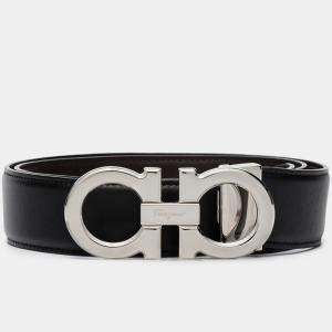 Pre Owned Salvatore Ferragamo Black Leather Silver Tone Buckle Gancini Belt 115