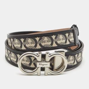 Pre Owned Salvatore Ferregamo Black/White Monogram Canvas and Leather Double Gancio Belt 115CM