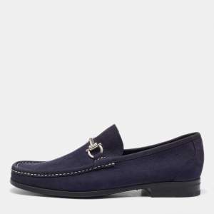 Pre Owned Salvatore Ferragamo Navy Blue Nubuck Leather Gancini Loafers Size 41.5