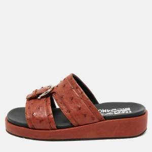 Salvatore Ferragamo Brown Ostrich Lutfi Platform Slides Size 40.5
