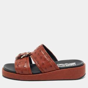 Pre Owned Salvatore Ferragamo Lufti Size 41 Brown Ostrich Leather Flat Sandals