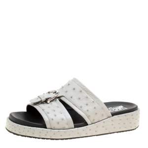 Salvatore Ferragamo Grey Ostrich Leather Lutfi Platform Slides Size 41