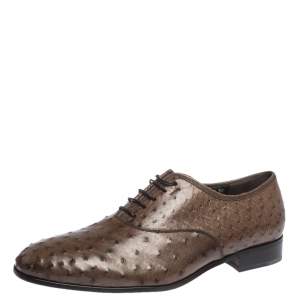 Pre Owned Salvatore Ferragamo Brown Ostrich Leather Gris Oxfords Size 43.5 