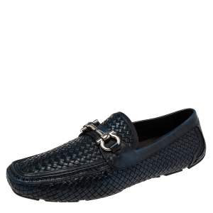 Pre Owned Salvatore Ferragamo Navy Blue/Black Woven Leather Parigi Gancio Bit Loafers Size 44.5