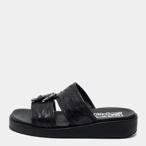 Salvatore Ferragamo Black Ostrich Leather Flat Sandals Size 41
