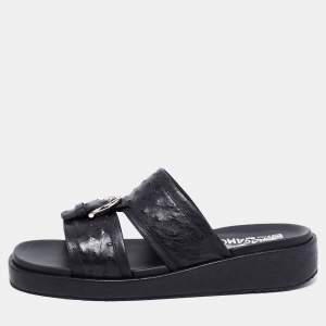 Salvatore Ferragamo Black Ostrich Lutfi Slide Sandals Size 41.5