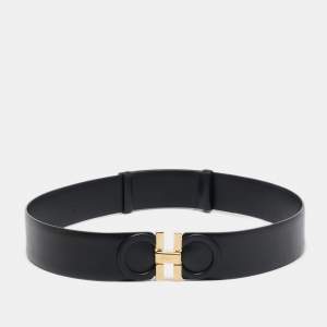 Pre Owned Salvatore Ferragamo Black Leather Gancini Buckle Belt 70CM