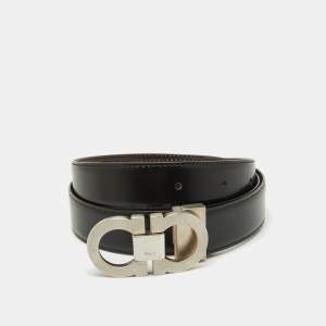 Pre Owned Salvatore Ferragamo Black/Dark Brown Leather Cut to Size Gancini Buckle Belt