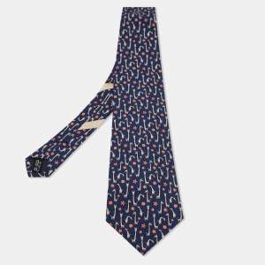 Pre Owned Salvatore Ferragamo Navy Blue Giraffe Print Silk Traditional Tie