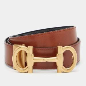 Salvatore Ferragamo Black/Tan Leather Double Gancini Parigi Reversible Cut to Size Belt