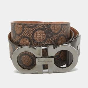 Salvatore Ferragamo Brown Gancini Print Leather Buckle Belt 115CM