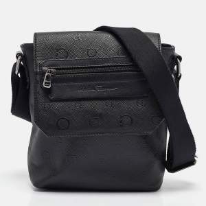 Salvatore Ferragamo Black Gancini Embossed Leather Flap Messenger Bag