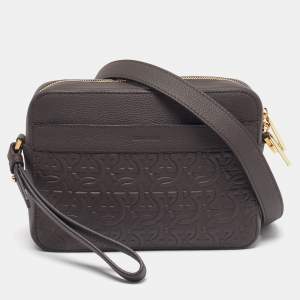 Pre Owned Salvatore Ferragamo Logo Dark Brown Embossed Leather Crossbody Bag