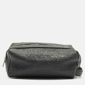 Pre Owned Salvatore Ferragamo Black Gancini Embossed Leather Toiletry Bag