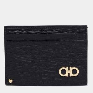 Salvatore Ferragamo Black Leather Gancini Card Holder with Pull Out ID Window