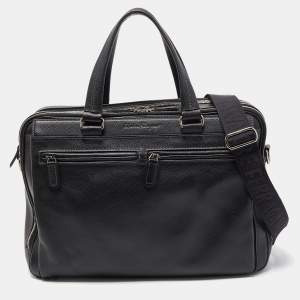 Salvatore Ferragamo Black Leather Double Zip Briefcase Bag