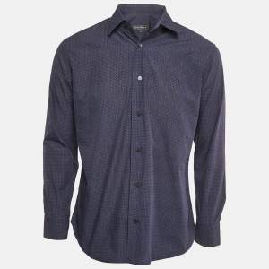 Salvatore Ferragamo Navy Blue Printed Derby Fit Shirt M