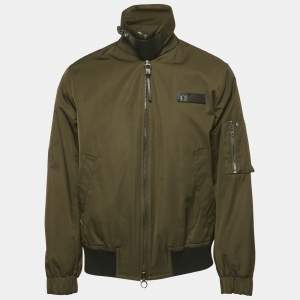 Salvatore Ferragamo Olive Green Gabardine Leather Trim Bomber Jacket M