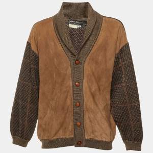 Pre Owned Salvatore Ferragamo Vintage Brown Suede & Wool Knit Cardigan XL
