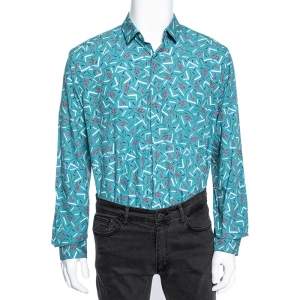 Salvatore Ferragamo Blue Cactus Printed Cotton Long Sleeve Shirt XL