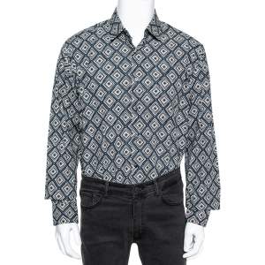 Salvatore Ferragamo Charcoal Grey Printed Cotton Derby Fit Shirt XL