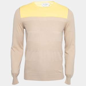 Salvatore Ferragamo Beige & Yellow Paneled Cotton Knit Jumper S